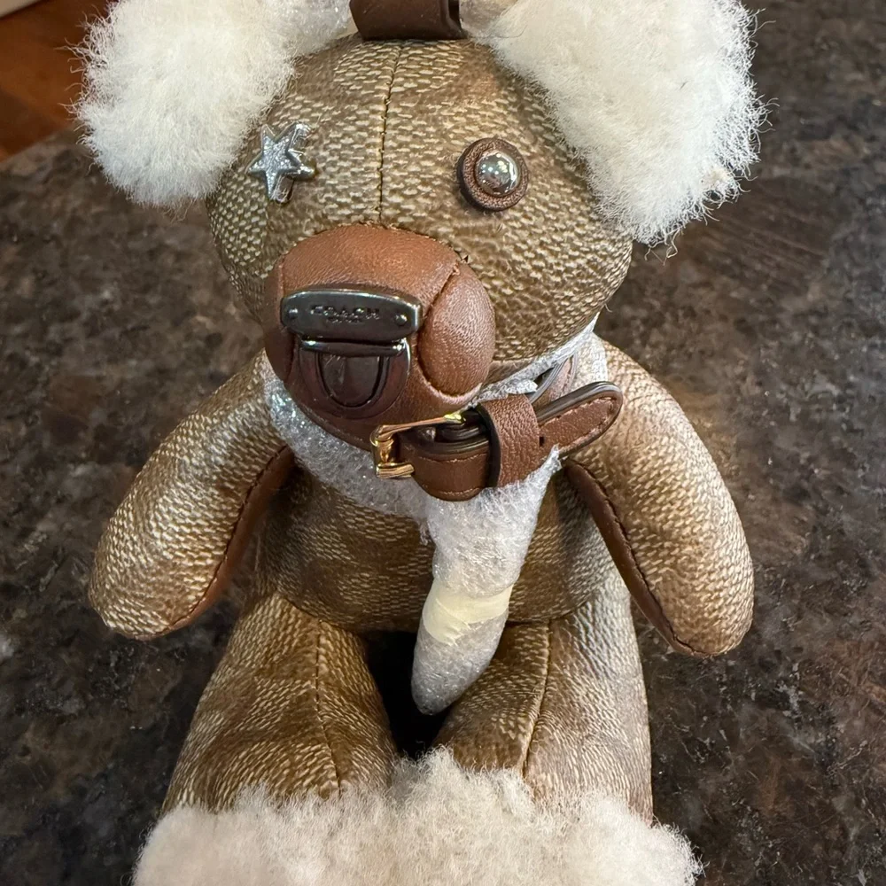 Rare Coach Monogram Tan and Cream Sitting Teddy Bear Keychain